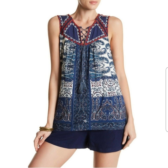 Lucky Brand Print Lace Up Embroidered Tank - Picture 1 of 9